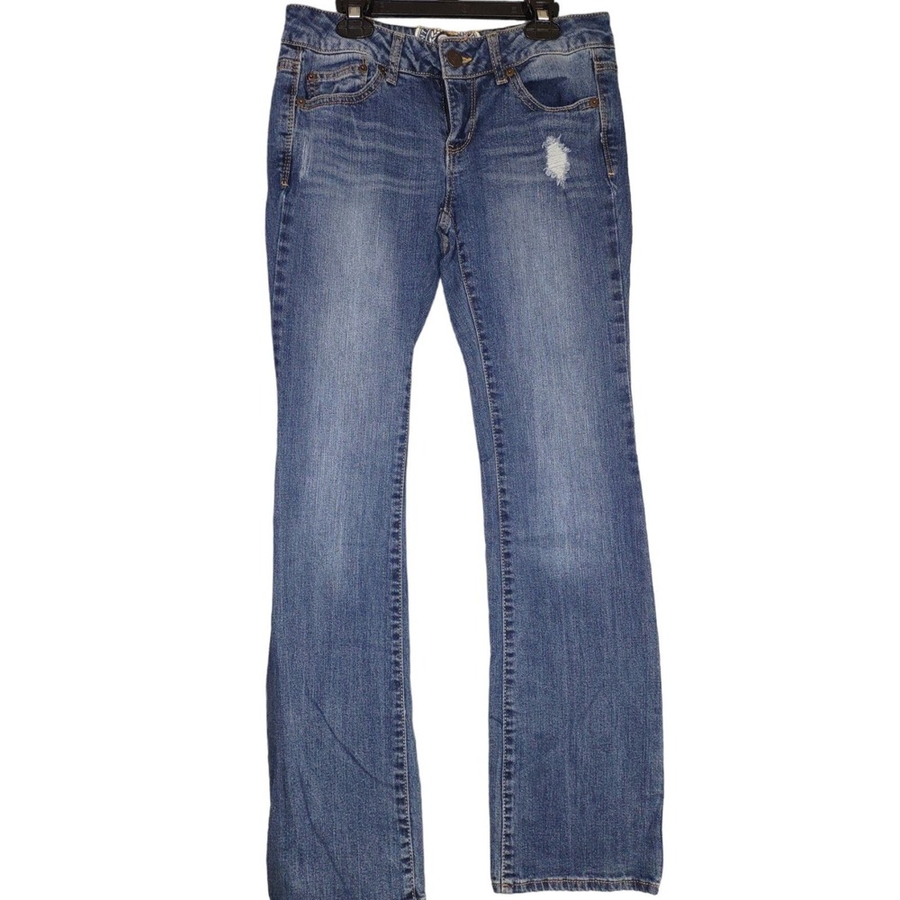 SO Bootcut‎ Jeans Juniors 7 Regular Blue Good Distressed Denim Y2K Grunge Boho